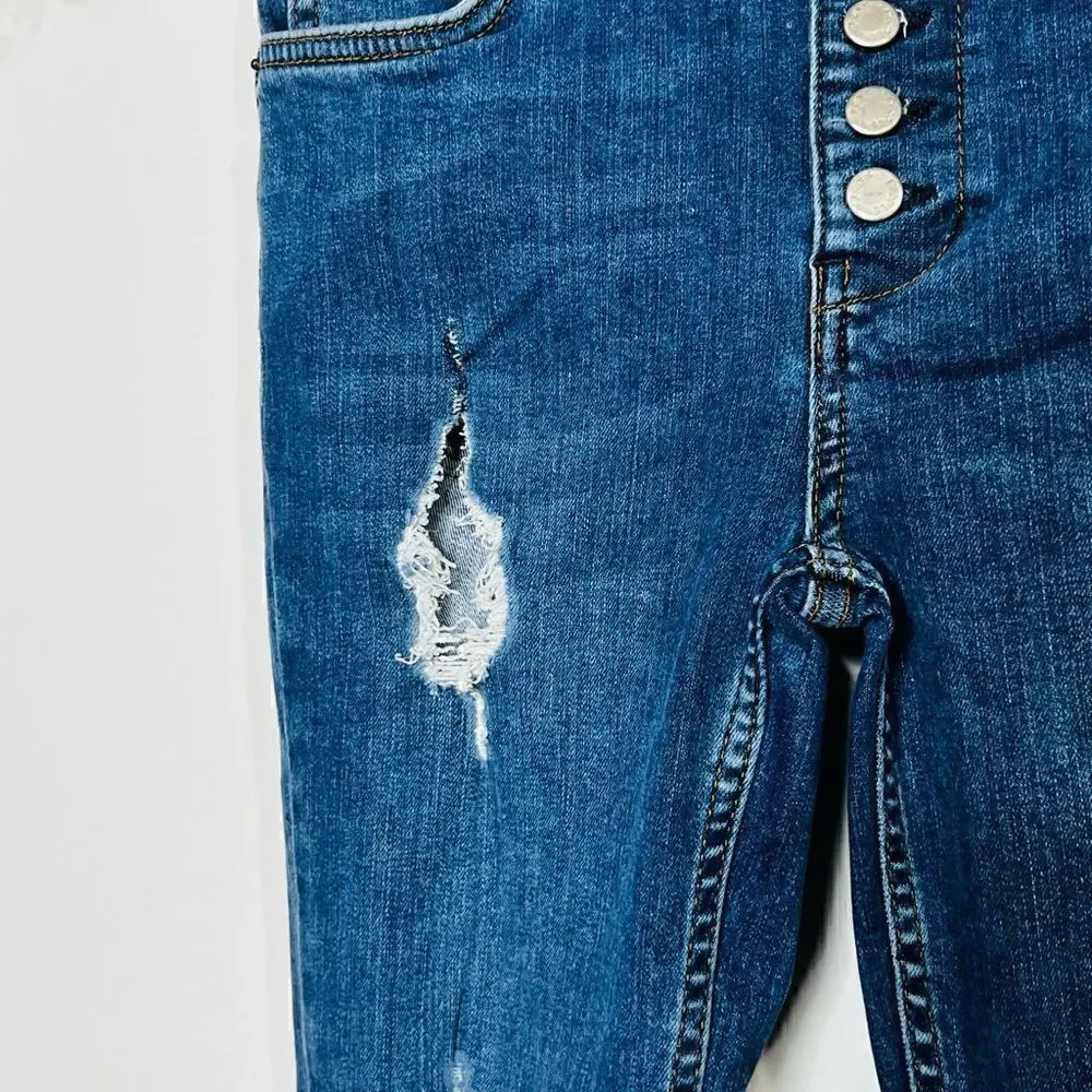 Free People Button Fly Raw Edge Hem Distressed Jeans
